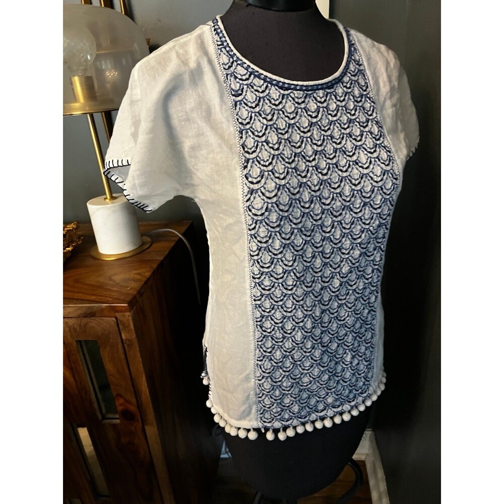 Madewell Embroidered Embellished Soft Cotton Top Blouse Shirt sz XXS Tassels